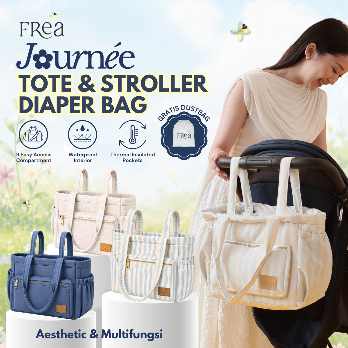 FREA Journee Diaper Bag | Tas Popok Bayi Premium Tote Bag Multinfungsi Stroller Bag