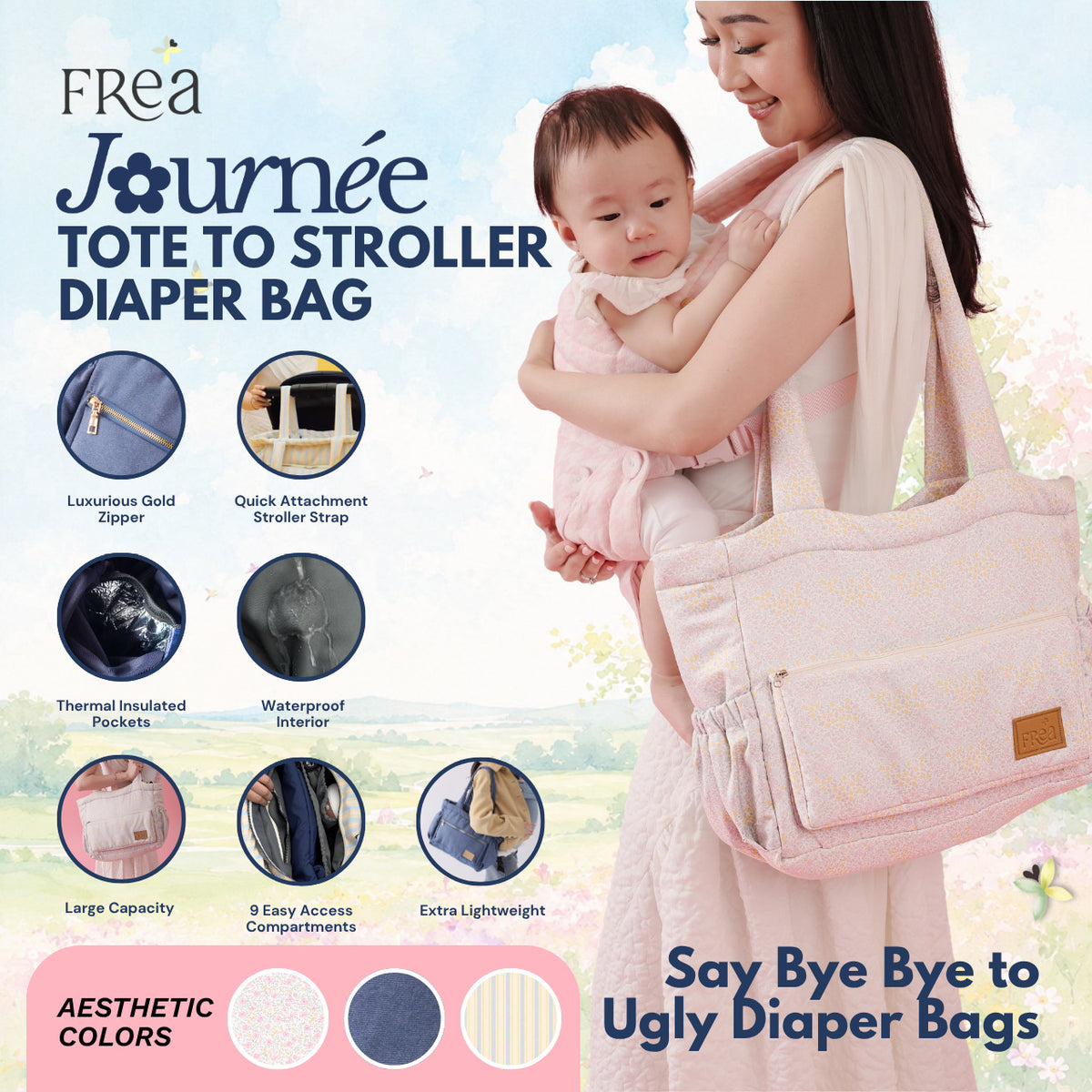 FREA Journee Diaper Bag | Tas Popok Bayi Premium Tote Bag Multinfungsi Stroller Bag