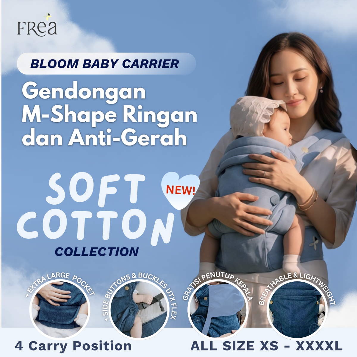 FREA BLOOM SOFT COTTON Baby Carrier Denim- Gendongan Bayi Premium M-Shape SSC FREE PENUTUP KEPALA