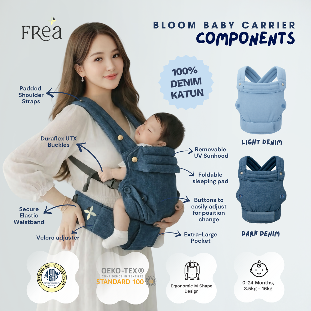 FREA BLOOM SOFT COTTON Baby Carrier Denim- Gendongan Bayi Premium M-Shape SSC FREE PENUTUP KEPALA