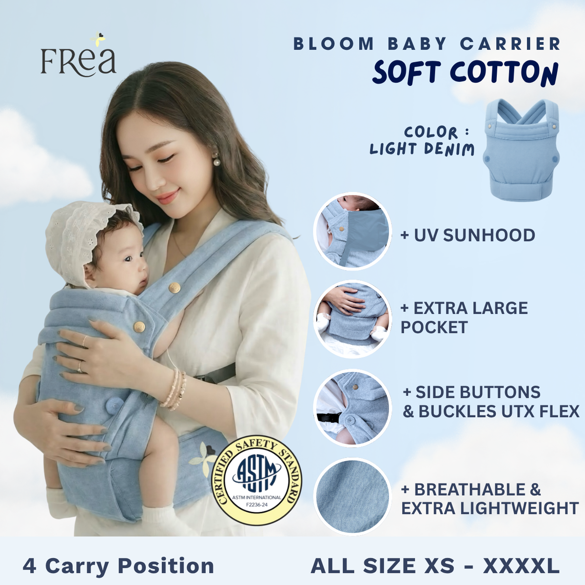 FREA BLOOM SOFT COTTON Baby Carrier Denim- Gendongan Bayi Premium M-Shape SSC FREE PENUTUP KEPALA