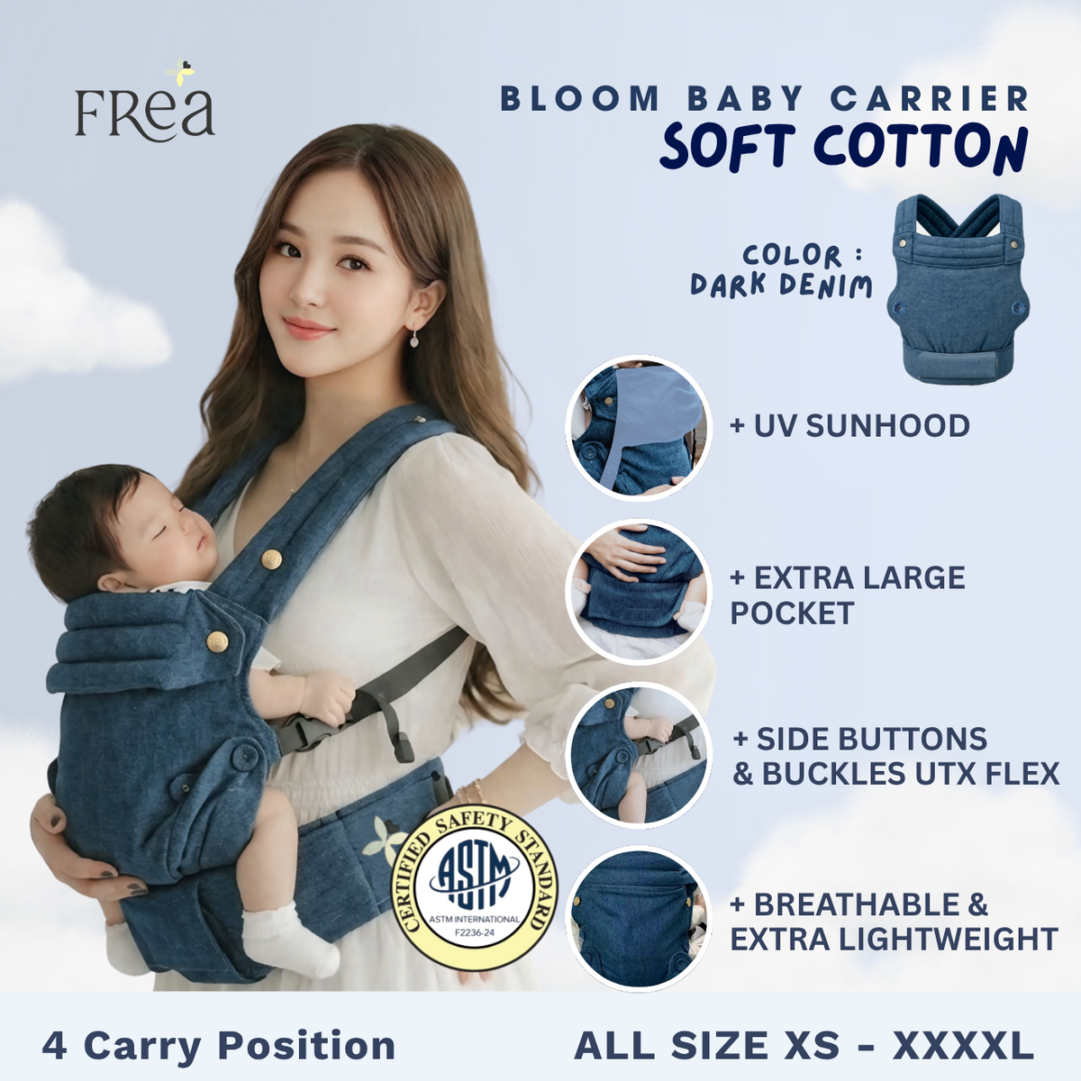 FREA BLOOM SOFT COTTON Baby Carrier Denim- Gendongan Bayi Premium M-Shape SSC FREE PENUTUP KEPALA