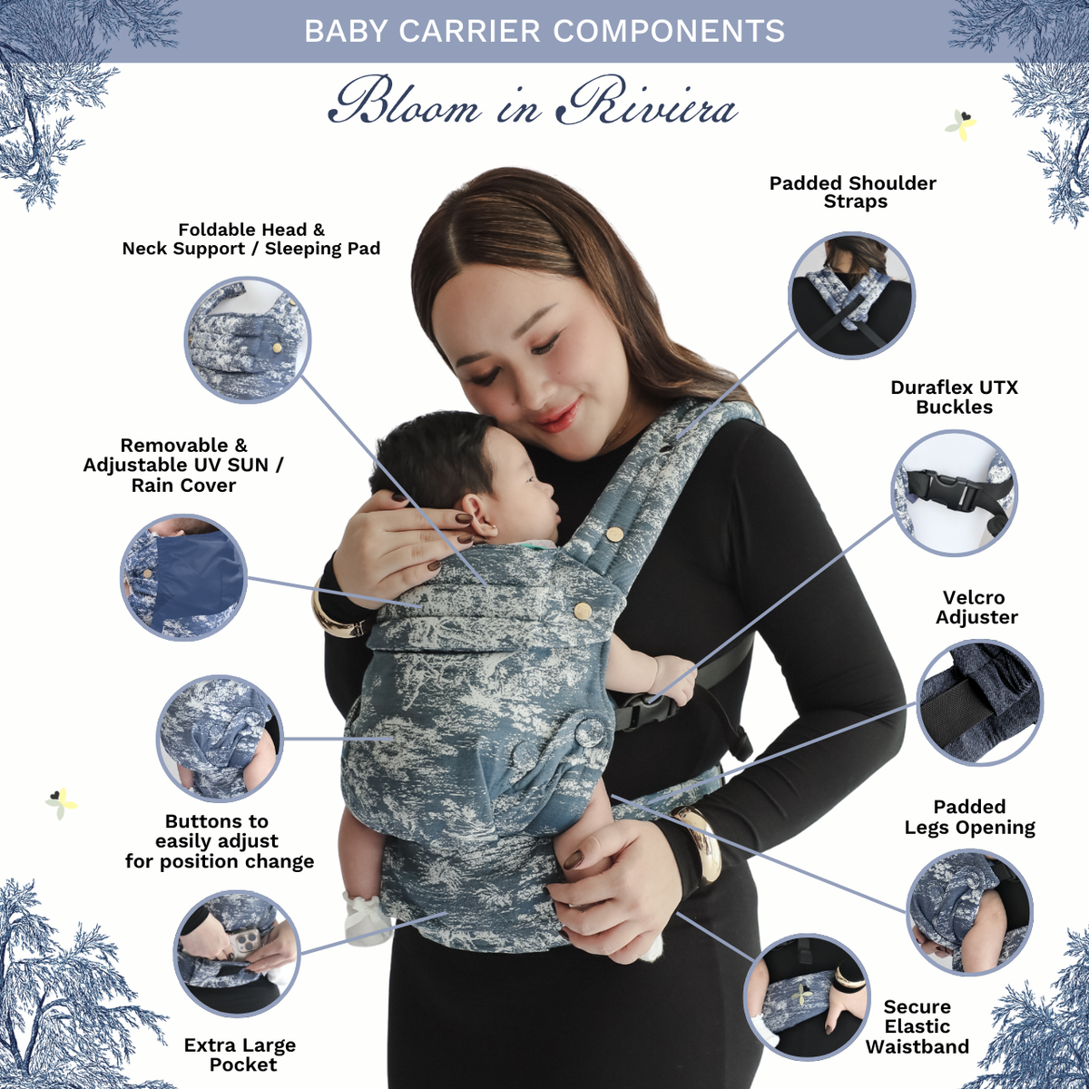 FREA x Monica Amadea BLOOM  RIVIERA Baby Carrier - Gendongan Bayi Premium M-Shape SSC FREE PENUTUP KEPALA
