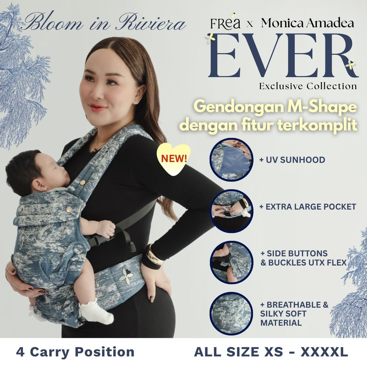 FREA x Monica Amadea BLOOM  RIVIERA Baby Carrier - Gendongan Bayi Premium M-Shape SSC FREE PENUTUP KEPALA