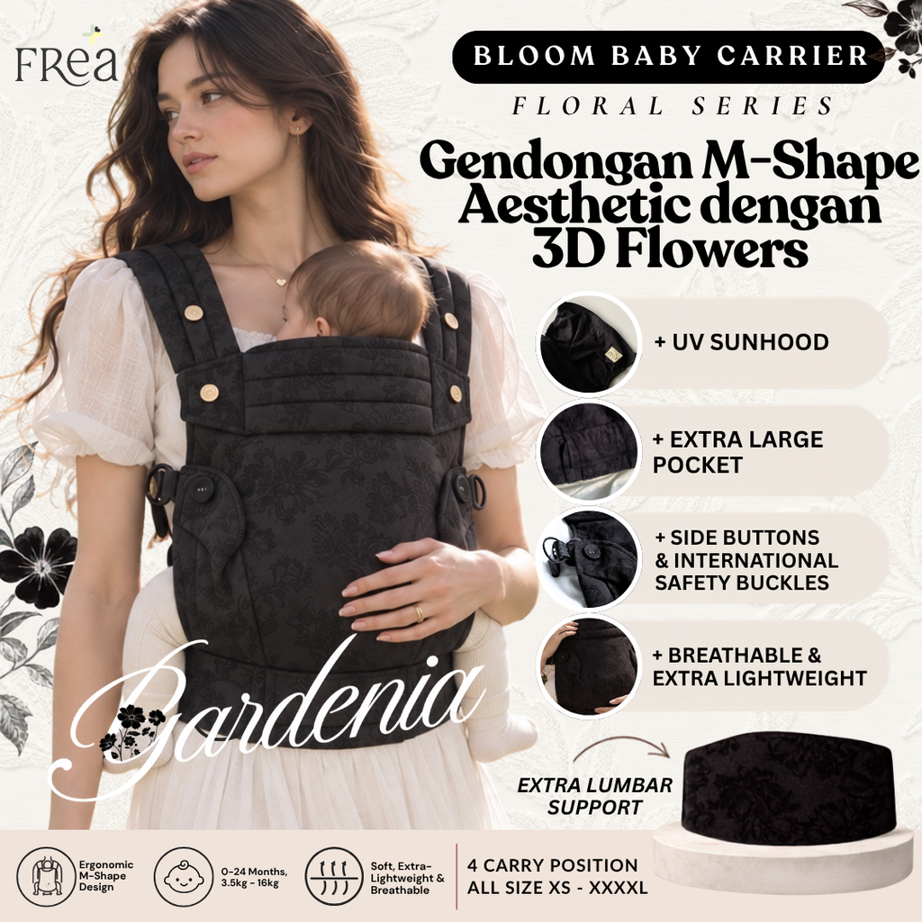 FREA BLOOM FLORAL SERIES – GARDENIA | Gendongan Bayi Premium M-Shape SSC + Free Penutup Kepala