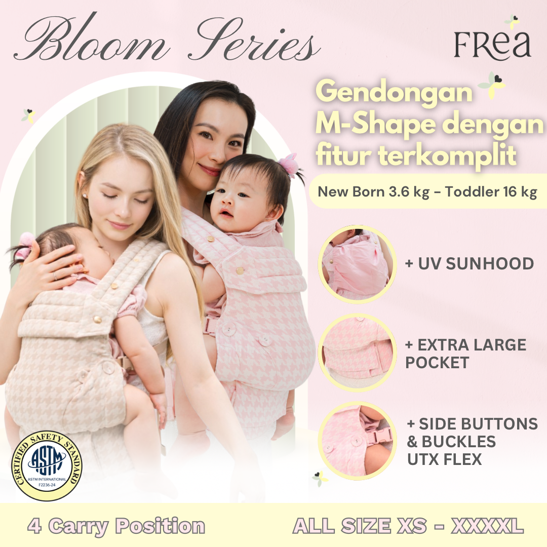 FREA BLOOM Baby Carrier - Gendongan Bayi Premium M-Shape SSC FREE PENUTUP KEPALA