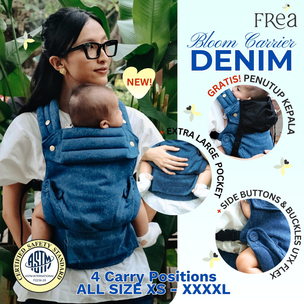 FREA BLOOM SOFT COTTON Baby Carrier Denim- Gendongan Bayi Premium M-Shape SSC FREE PENUTUP KEPALA