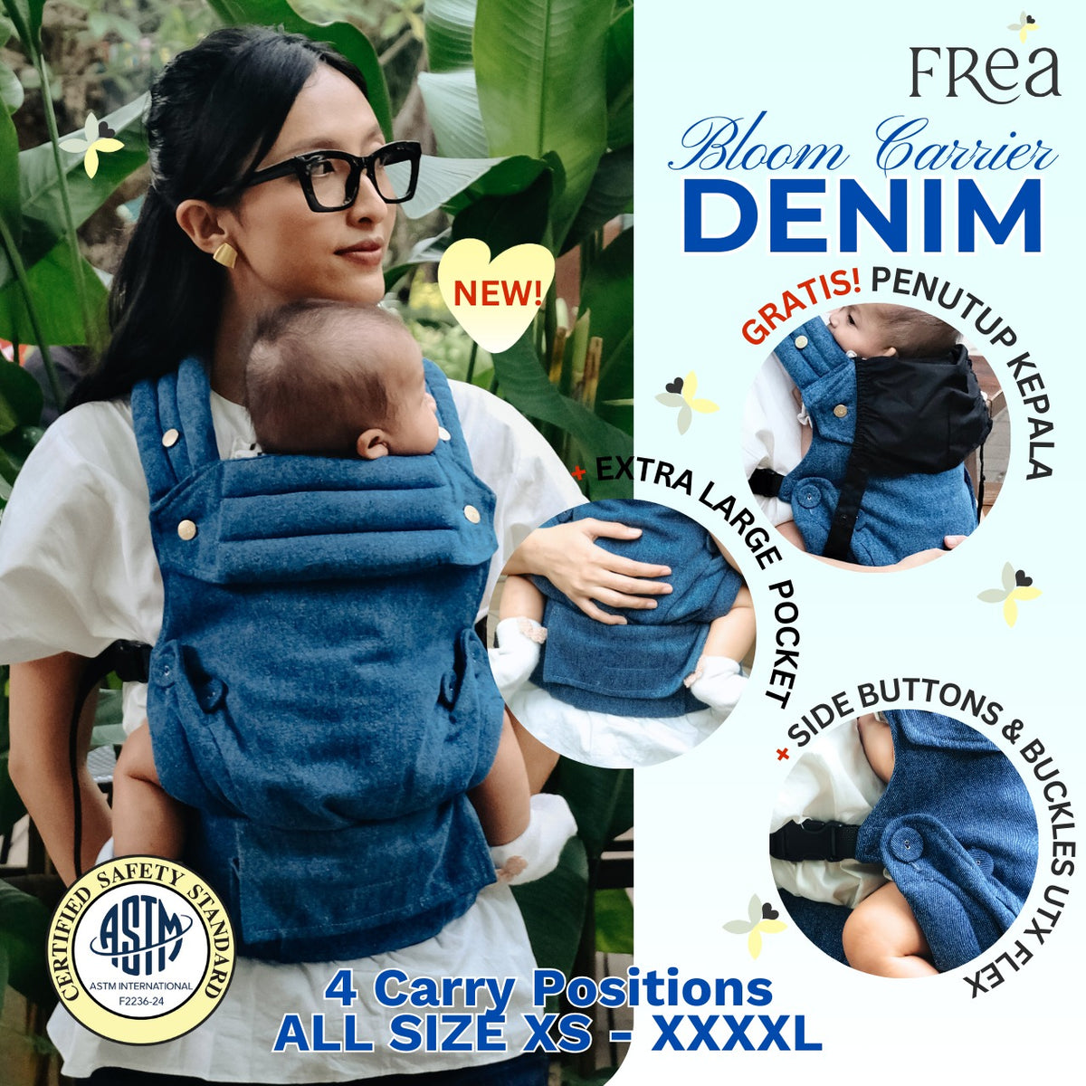 FREA BLOOM SOFT COTTON Baby Carrier Denim- Gendongan Bayi Premium M-Shape SSC FREE PENUTUP KEPALA